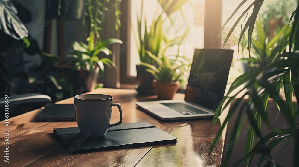 Fototapeta premium Modern home office setup with laptop, notebook, and coffee cup on wooden desk, symbolizing hybrid work. Minimalist decor with copy space, ideal for remote work and productivity concepts.