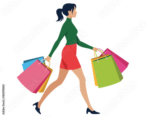 Stylish woman happily carrying shopping bags, enjoying a day of retail therapy