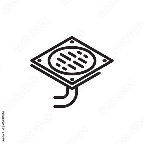 Industrial floor drainage gate icon featuring a square grate with circular perforations and an integrated drain pipe, symbolizing waste water management, facility hygiene, and plumbing infrastructure.