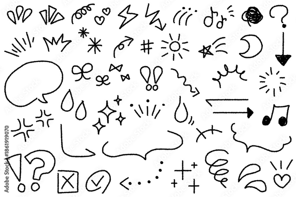 Obraz premium Sketch line arrow element, star, ribbon shape. Hand drawn doodle sketch style circle, cloud speech bubble element set. Arrow, sparkle, heart brush decoration. Vector illustration