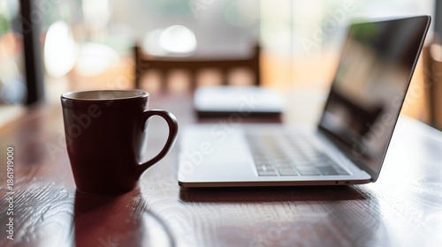 Modern home office setup with laptop, notebook, and coffee cup on wooden desk, symbolizing hybrid work. Minimalist decor with copy space, ideal for remote work and productivity concepts.