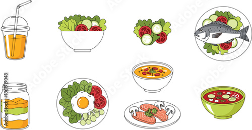 Set of healthy food illustrations including fresh salads, grilled fish, soup, fried egg, and fruit smoothies isolated on white background.Web