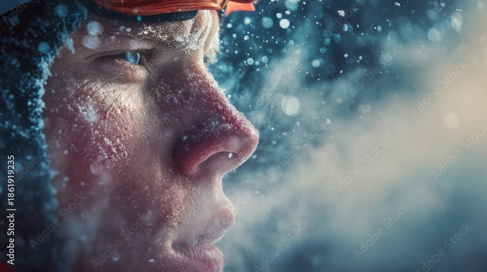 Obraz premium Close-up of young caucasian male skier in snowy conditions with frost on face.
