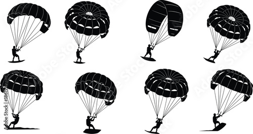 Set of parasailing silhouettes with people flying parachutes over water, extreme summer water sports icons, and vacation adventure vector illustration