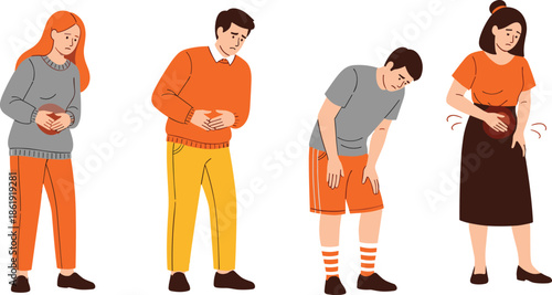 Set of various cartoon characters suffering from stomach ache and abdominal pain isolated on white background for health medical design