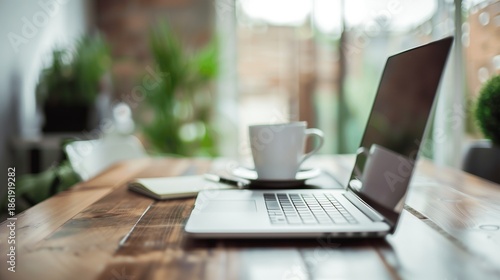 Modern home office setup with laptop, notebook, and coffee cup on wooden desk, symbolizing hybrid work. Minimalist decor with copy space, ideal for remote work and productivity concepts.