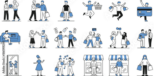 Set of shopping icons featuring people with bags, credit cards, gifts, and store fronts for retail and e-commerce design projects.Web