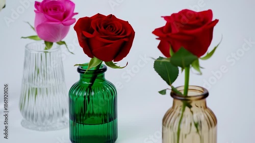 Roses of various colors displayed in unique glass vases, set against a plain white background