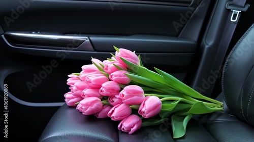 A bouquet of pink tulips rests on a black leather car seat, set against a dark interior