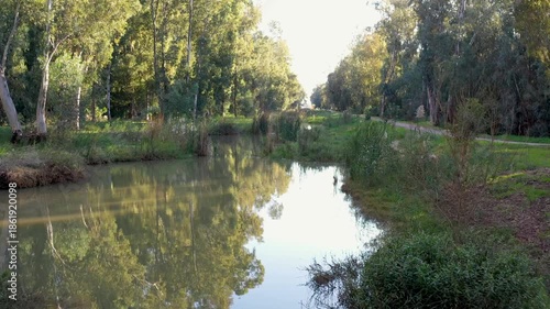 Aerial view of Naaman stream on a sunny day in northern Israel