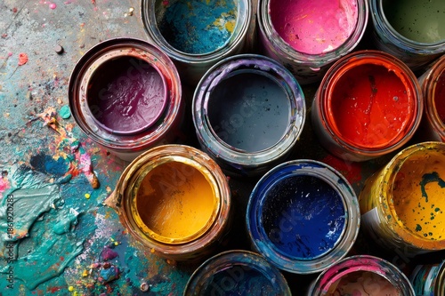 Multiple open cans of vibrant paint and splatters cover a surface, presenting color, creativity, and artistic expression