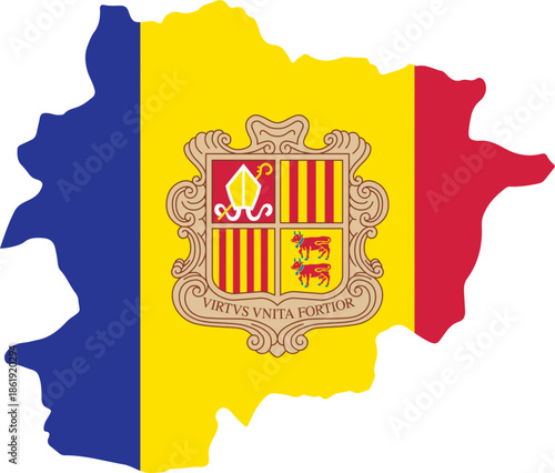 Map of Andorra filled with its national flag featuring the coat of arms a symbol of national identity and heritage