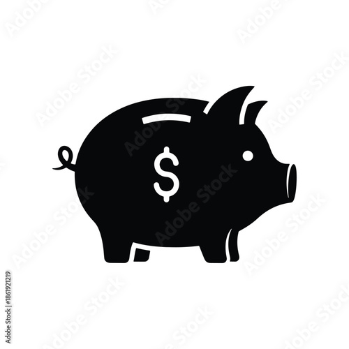 Black silhouette piggy bank icon with dollar sign, symbolizing financial savings, investment, and future money growth