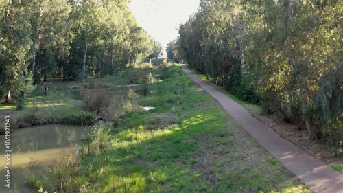 Aerial view of Naaman stream on a sunny day in northern Israel