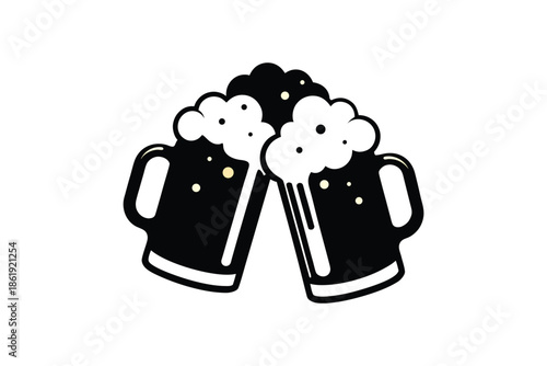 Two Clinking Drink Mugs Silhouette Illustration with Foamy Splash Isolated Design