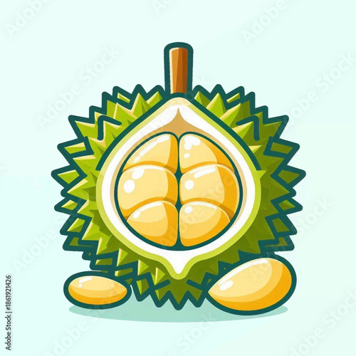 An open durian with spiked green shell exposes yellow pulp and two fallen yellow pieces sit at the bottom