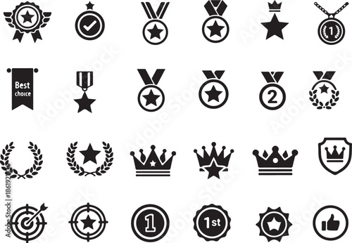 Award, Medal and Badge Icon Collection in Black Silhouette Style