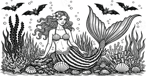 Mermaid silhouette, underwater fantasy, black vector, sea creature, ocean floor, coral reef, bats flying, mystical scene, illustration, graphicMermaid silhouette, underwater fantasy, black vector