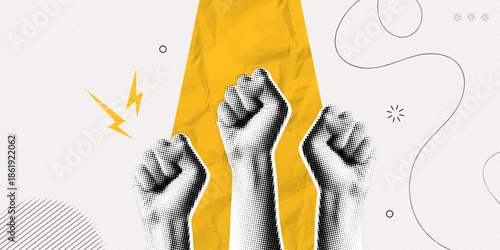 Trendy Halftone Collage Raised Fist up. Demonstration of protest. Fight for your rights. Girl power. Success and strength. Feminism concept. Magazine style. Contemporary vector illustration art