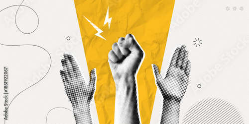 Trendy Halftone Collage Protest demonstration with raised hands. Leader with fist raised up. Fight for your rights. Voice of community. Women's solidarity. Contemporary vector illustration art