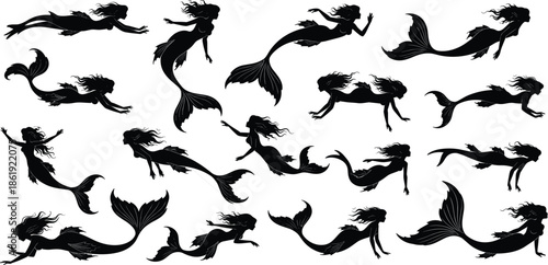 Mermaid silhouette, fantasy pose, black vector, sea creature, flowing hair, aquatic motion, mythical design, ocean theme, illustration, graphicMermaid silhouette, fantasy pose, black vector