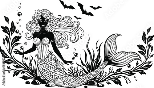 Mermaid silhouette, underwater fantasy, gothic elements, black vector, sea creature, floral hair, bats flying, ocean illustration, mystical, graphicMermaid silhouette, underwater fantasy
