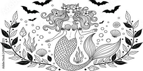 Mermaid illustration, underwater fantasy, gothic surreal art, seashells and flowers, bats flying, marine plants, black and white drawing, decorative frameMermaid illustration, underwater fantasy