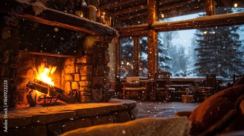 Wallpaper Mural A peaceful winter evening with a glowing fireplace inside a rustic log cabin and snow gently falling outside. . Torontodigital.ca