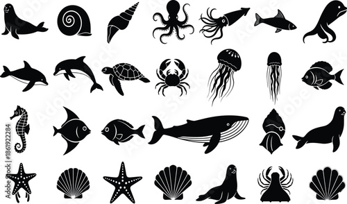 Sea creature silhouette, marine life, black vector, ocean animal, underwater icon, aquatic species, graphic illustration, nature theme, biology, designSea creature silhouette, marine life