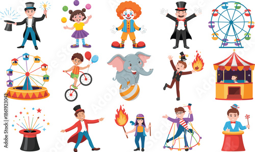 Big circus performance set with magician, clown, juggler, elephant on ball, ferris wheel, carnival tent and performers for children party invitation decor.