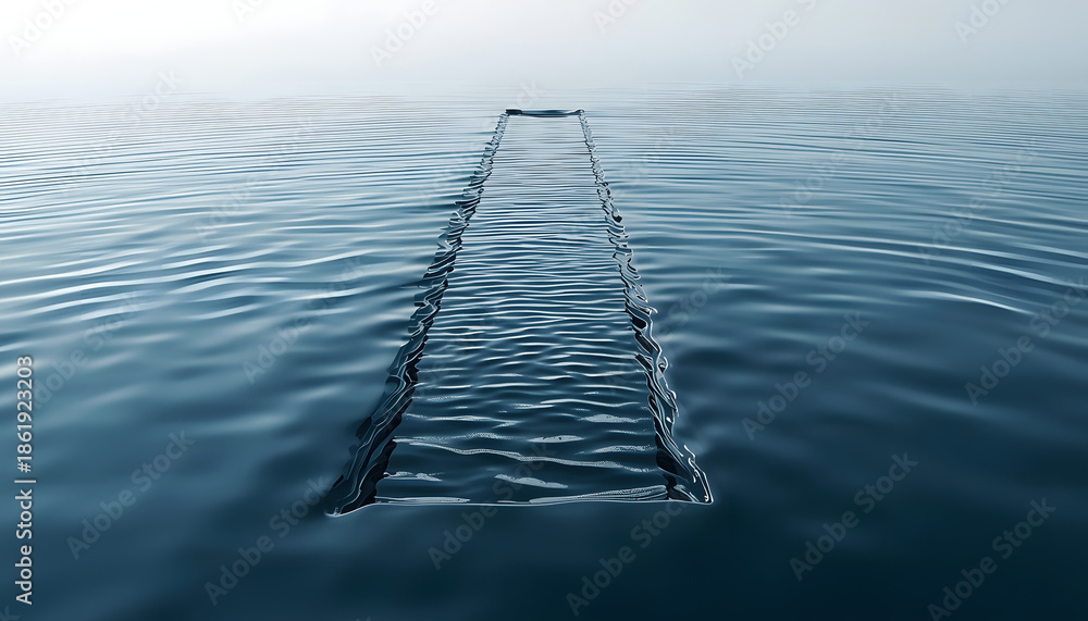 Naklejka premium A surreal conceptual metaphor of a rectangular pathway dissolving into rippling water, creating a visual paradox with gentle waves and a hazy background, conveying a sense of mystery and
