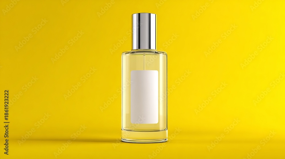 Naklejka premium A clear glass perfume bottle with a silver cap stands on a bright yellow background
