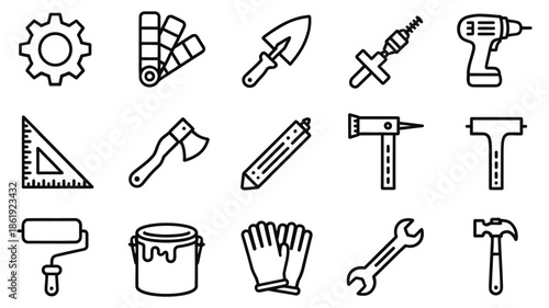 Comprehensive Construction and Home Improvement Tools Set - Linear Vector Icons for Renovation, Carpentry, and DIY Maintenance