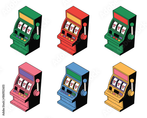 Vibrant collection of colorful slot machines arranged in a grid, symbolizing chance and entertainment.