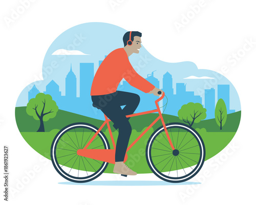 Man enjoys a happy bicycle ride through a green park with city skyline in the background