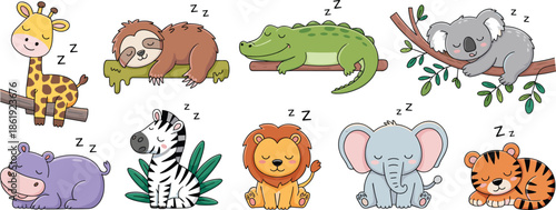 Cute hand drawn sleeping jungle animals set with giraffe, sloth, crocodile, koala, hippo, zebra, lion, elephant and tiger for nursery decor