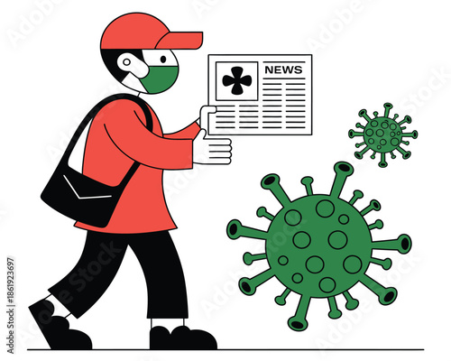 News carrier wearing mask delivers paper amidst pandemic virus illustration