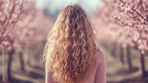 Young woman with curly blonde hair stands amidst blooming sakura trees, embodying serenity and natural beauty.