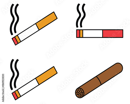 Various smoking products including cigarettes and cigar with rising smoke