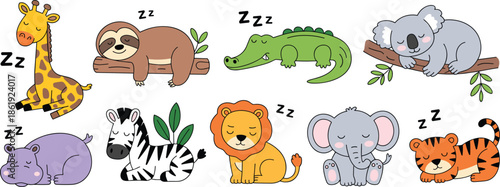 Sleeping animals cartoon set, cute wildlife illustration, Zzz symbols, peaceful vector, children’s clipart, jungle and forest creatures