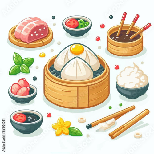 Asian cuisine spread dumplings in bamboo steamer bowls of sauces meat rice chopsticks  basil
