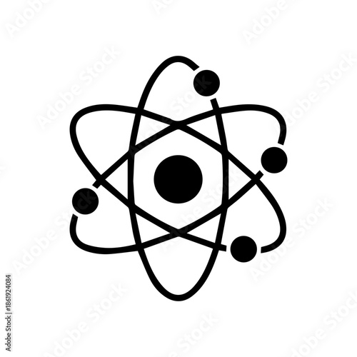 Black and white atom icon with nucleus  orbiting electrons