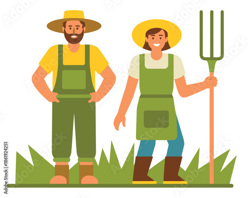 Two smiling farmers stand proudly in green overalls and straw hats, ready for a day of work in the field.