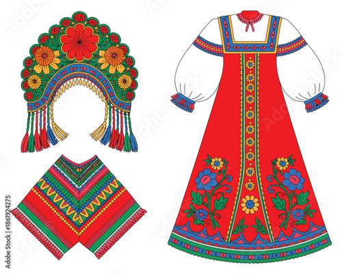 Vibrant traditional folk costume with ornate headdress and decorative collar