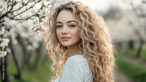 Young woman with curly blonde hair stands amidst blooming sakura trees, embodying serenity and natural beauty.