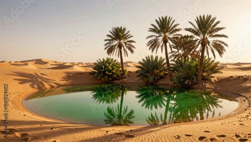 Desert oasis green water pool palm trees