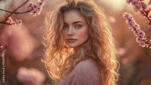 Young woman with curly blonde hair stands amidst blooming sakura trees, embodying serenity and natural beauty.