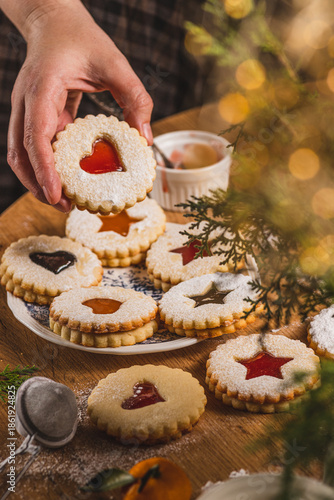 Linzer biscuits on a baking rack