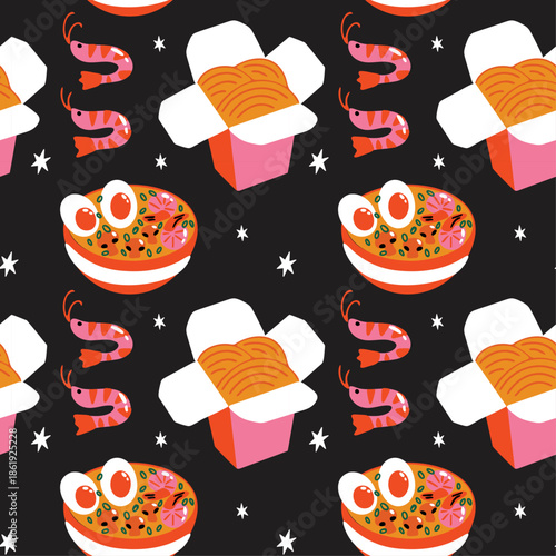 Asian food delivery vector seamless pattern with kawaii cute cartoon illustration of japanese ramen, noodles to go for menu design, wrapping paper package