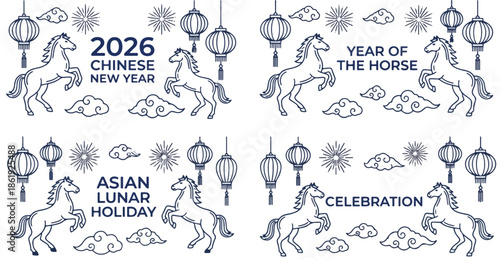  2026 chinese new year banner set  with year of the hores zodiae  symbole ,blue line art vactor  illusttration for lunar new year holiday celebration  with lanter  firwork and cloud